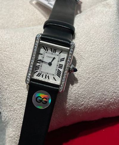 Cartier Leather Watch Straps Tank Must 33.7*25.5mm 40 VVS Diamonds Blue Hands Diamond Bezel Watch